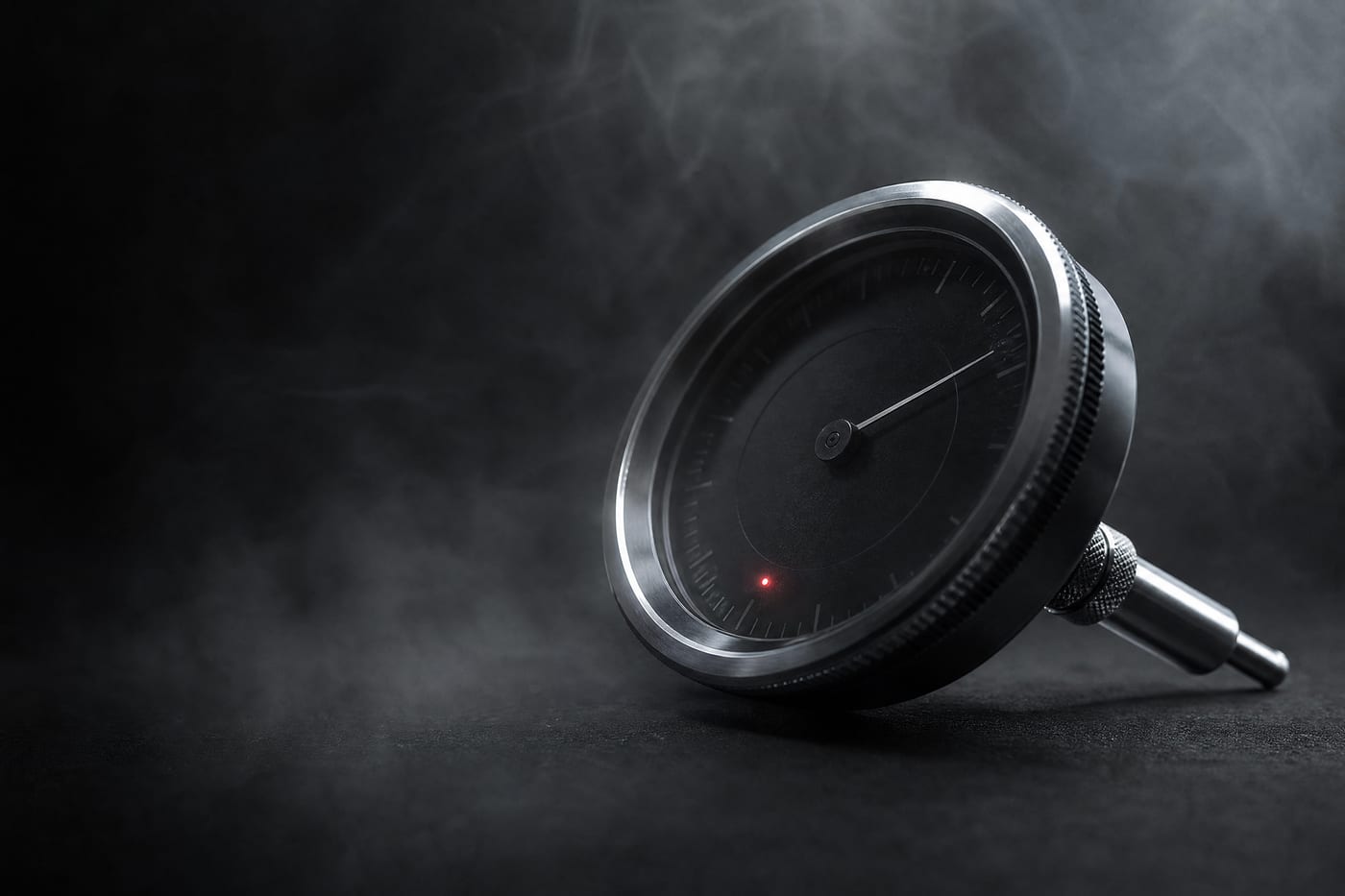 Dark fog clearing to reveal a chrome instrument with a single red indicator